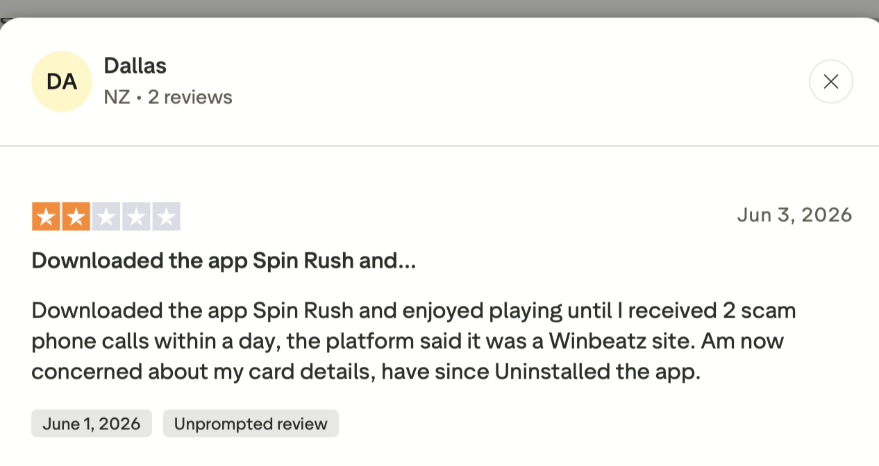 Testemunho de Dallas (Trustpilot) Testemunho de Dallas no Trustpilot sobre o Winbeatz, 2 estrelas