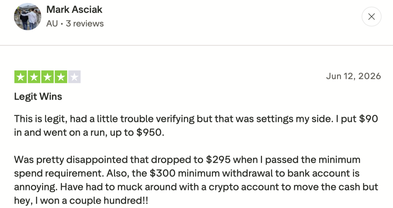 Testemunho de Mark Asciak (Trustpilot) Testemunho de Mark Asciak no Trustpilot sobre o Winbeatz, 4 estrelas