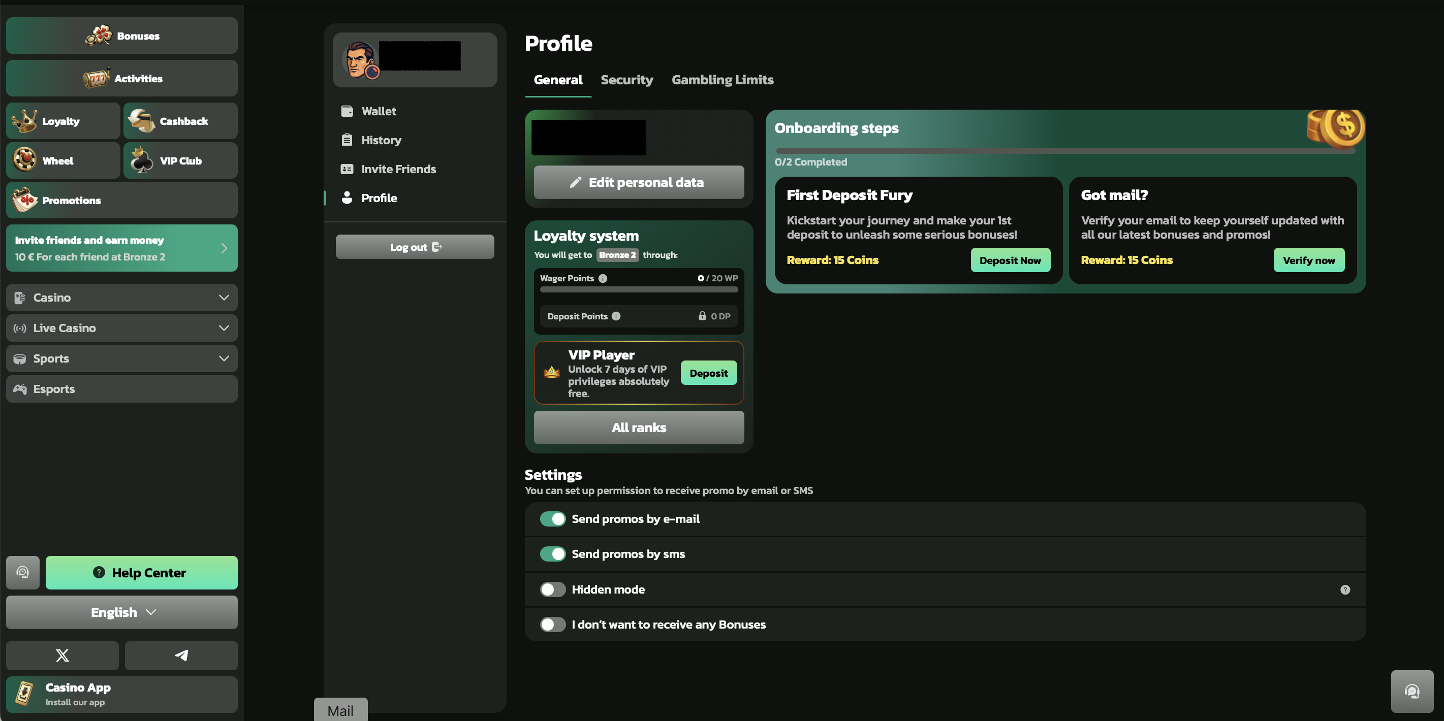 Área de cliente do Winbeatz casino: perfil, carteira, sistema de fidelidade e definições