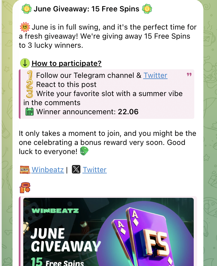 Sorteio de free spins do Winbeatz nas redes sociais Sorteio de rodadas grátis do Winbeatz nas redes sociais (exemplo: June Giveaway 15 Free Spins)