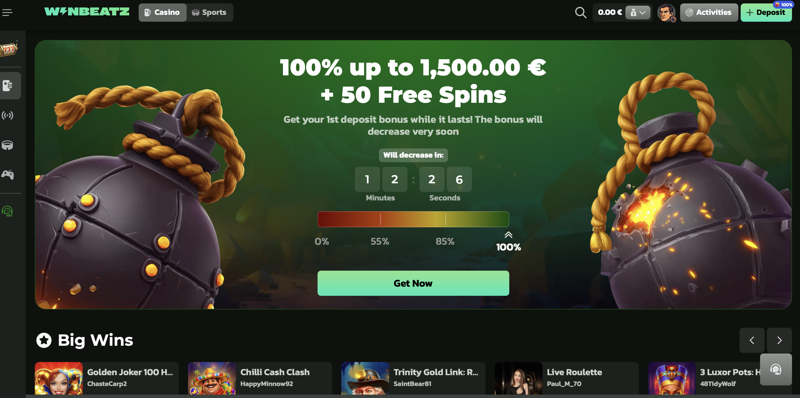 Página inicial do Winbeatz casino com o bónus de boas-vindas em destaque